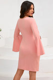 Bodycon Pink Midi Cocktail Kjole med Rund Hals Med Lange Ærmer