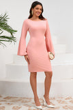 Bodycon Pink Midi Cocktail Kjole med Rund Hals Med Lange Ærmer