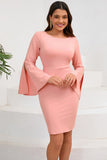 Bodycon Pink Midi Cocktail Kjole med Rund Hals Med Lange Ærmer