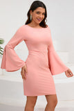 Bodycon Pink Midi Cocktail Kjole med Rund Hals Med Lange Ærmer