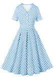 Blå revers hals Polka Dots vintage kjole med korte ærmer