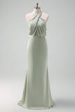Navy Bloom Skede halterneck hals Satin lang brudepigekjole
