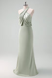 Navy Bloom Skede halterneck hals Satin lang brudepigekjole