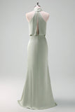 Navy Bloom Skede halterneck hals Satin lang brudepigekjole