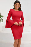 Bodycon Pink Midi Cocktail Kjole med Rund Hals Med Lange Ærmer