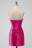 Stilfuld Fuchsia Bodycon Sweetheart Satin Korset Kort Cocktailkjole