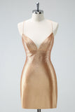 Golden Bodycon Spaghetti stropper Ruched Beaded Homecoming kjole med blonder op tilbage