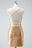 Golden Bodycon Spaghetti stropper Ruched Beaded Homecoming kjole med blonder op tilbage