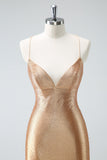 Golden Bodycon Spaghetti stropper Ruched Beaded Homecoming kjole med blonder op tilbage