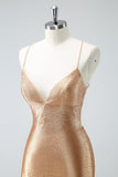 Golden Bodycon Spaghetti stropper Ruched Beaded Homecoming kjole med blonder op tilbage