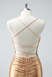 Golden Bodycon Spaghetti stropper Ruched Beaded Homecoming kjole med blonder op tilbage