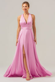 Pink A Line V-hals Backless Satin Lang brudepigekjole med slids