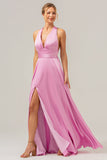 Pink A Line V-hals Backless Satin Lang brudepigekjole med slids