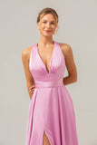 Pink A Line V-hals Backless Satin Lang brudepigekjole med slids