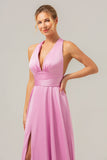 Pink A Line V-hals Backless Satin Lang brudepigekjole med slids