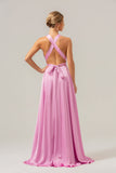 Pink A Line V-hals Backless Satin Lang brudepigekjole med slids