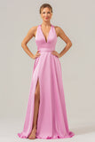 Pink A Line V-hals Backless Satin Lang brudepigekjole med slids