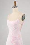 Pink Spaghetti Stropper Bodycon Homecoming Kjole med Criss Cross Back