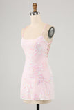 Pink Spaghetti Stropper Bodycon Homecoming Kjole med Criss Cross Back