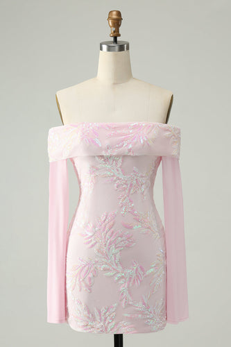 Glitrende pink bodycon off the shoulder pailletter Homecoming kjole med lange ærmer