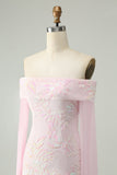 Glitrende pink bodycon off the shoulder pailletter Homecoming kjole med lange ærmer