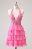 Hot Pink A Line Halter Lagdelt Korset Kort Homecoming Kjole