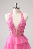 Hot Pink A Line Halter Lagdelt Korset Kort Homecoming Kjole