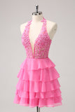 Hot Pink A Line Halter Lagdelt Korset Kort Homecoming Kjole