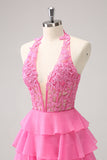 Hot Pink A Line Halter Lagdelt Korset Kort Homecoming Kjole