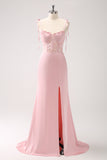 Havfrue Spaghetti Stropper Satin Pink Lang Brudepige Kjole med Slids