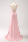 Havfrue Spaghetti Stropper Satin Pink Lang Brudepige Kjole med Slids
