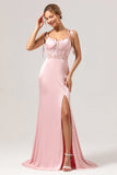 Havfrue Spaghetti Stropper Satin Pink Lang Brudepige Kjole med Slids