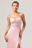 Havfrue Spaghetti Stropper Satin Pink Lang Brudepige Kjole med Slids