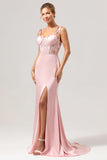 Havfrue Spaghetti Stropper Satin Pink Lang Brudepige Kjole med Slids