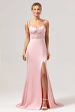 Havfrue Spaghetti Stropper Satin Pink Lang Brudepige Kjole med Slids