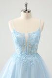 Sød Glitter Blue A Line Beaded Corset Tulle Cocktailkjole med applikationer