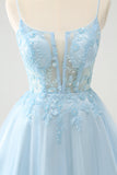 Sød Glitter Blue A Line Beaded Corset Tulle Cocktailkjole med applikationer