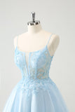 Sød Glitter Blue A Line Beaded Corset Tulle Cocktailkjole med applikationer