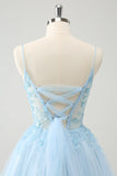 Sød Glitter Blue A Line Beaded Corset Tulle Cocktailkjole med applikationer