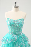 Sød Glitter Green A Line Stropløs Sequined Tiered Corset Cocktailkjole