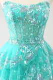 Sød Glitter Green A Line Stropløs Sequined Tiered Corset Cocktailkjole