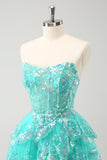 Sød Glitter Green A Line Stropløs Sequined Tiered Corset Cocktailkjole