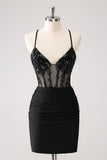 Glitrende sort Bodycon Spaghetti Korset Kort Homecoming Kjole med Lace Up Tilbage