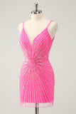 Spaghetti stropper Fuchsia Bodycon Cocktailkjole med pailletter