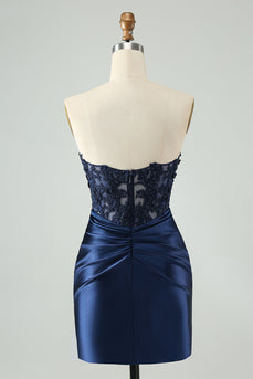 Sparkly Navy Bodycon Strapless Hollow Out Homecoming Kjole med blonder