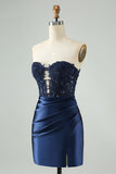 Sparkly Navy Bodycon Strapless Hollow Out Homecoming Kjole med blonder