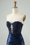 Sparkly Navy Bodycon Strapless Hollow Out Homecoming Kjole med blonder