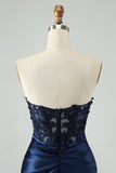 Sparkly Navy Bodycon Strapless Hollow Out Homecoming Kjole med blonder