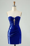 Sparkly Navy Bodycon Strapless Hollow Out Homecoming Kjole med blonder