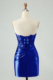 Sparkly Navy Bodycon Strapless Hollow Out Homecoming Kjole med blonder